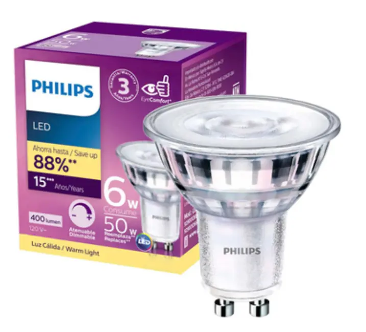 FOCO DICROICO ATENUABLE GU10 6W 3000K 400 LUMENES